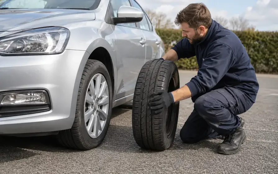 Technician holding a replacement tyre beside a silver passenger car