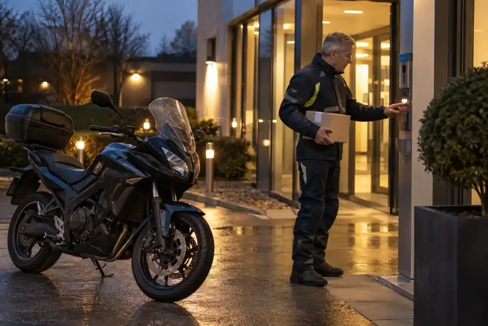 a motorcycle courier preparing or handing over a suitable consignment