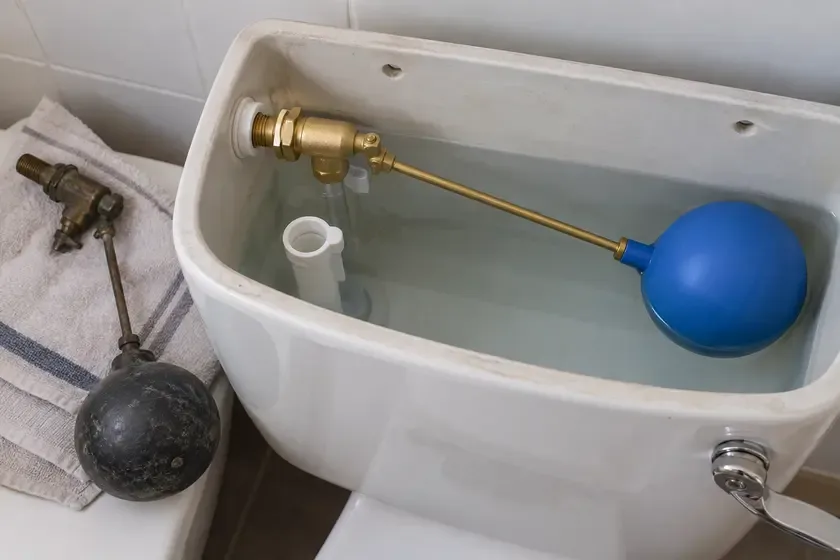 New brass ballcock and float ball fitted inside a toilet cistern.