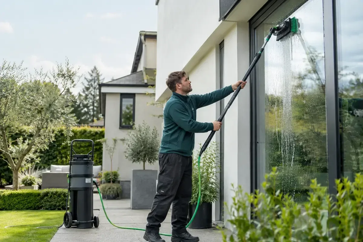 Cleaner washing high glazing with a water-fed pole