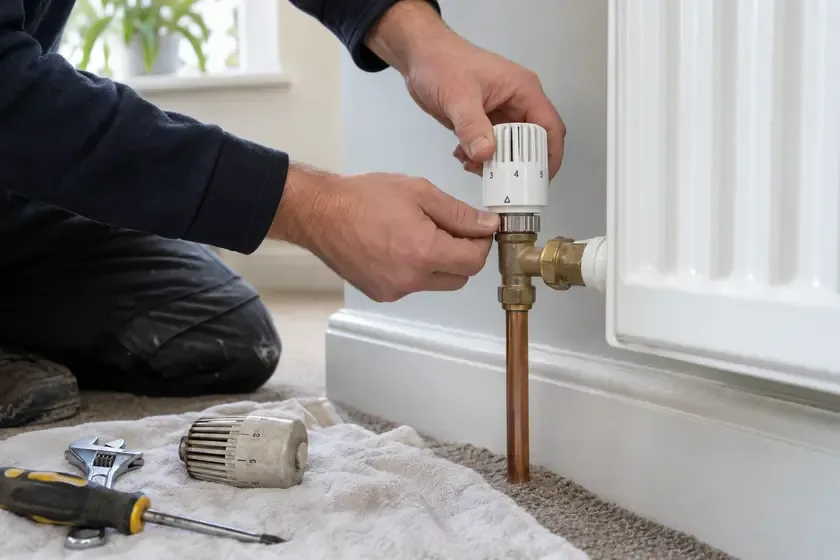 Plumber fitting a new thermostatic radiator valve head.