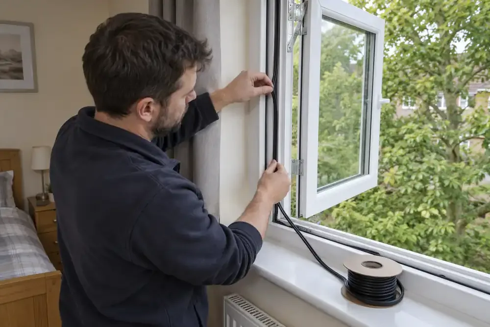 Technician replacing the weather seal on a double glazed window