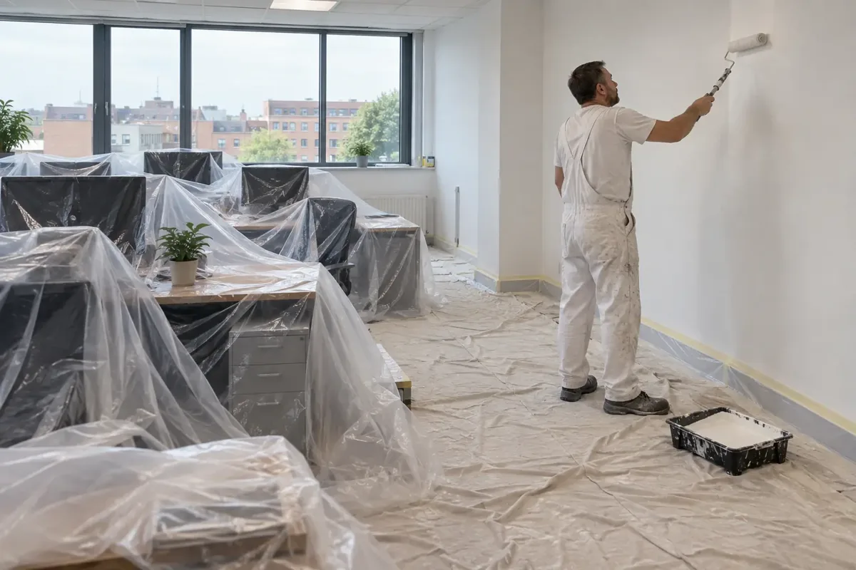 A commercial decorator using a roller on a plain office wall after working hours, desks and computer monitors fully protected by dust sheets, taped skirting, paint tray on protected floor; daylight office windows, no readable screens.