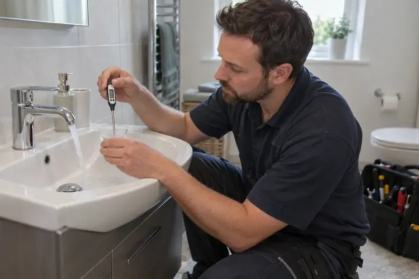 Plumber testing hot water temperature at a bathroom basin.