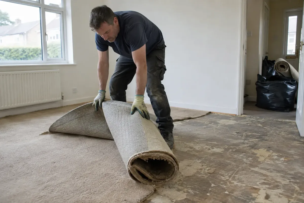 Flooring worker lifting and rolling up old carpet in an empty room for removal, large rolled carpet section with backing visible and exposed subfloor behind, gloves, bundled waste ready near doorway.