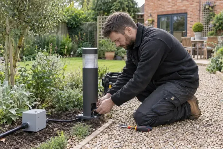 Worker installing a bollard light in a gravel garden bed