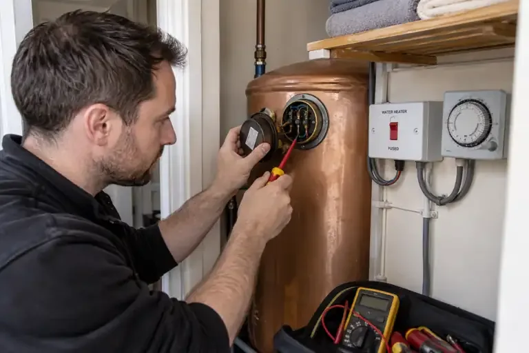 Immersion heater electrical repairs: a professional electrician assessing or carrying out the electrical work.
