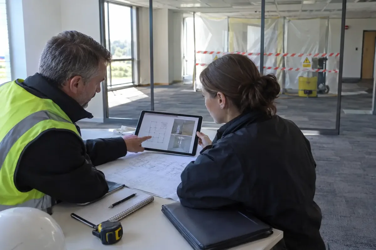 Asbestos consultant and commercial building facilities manager reviewing a floorplan and inspection photographs on a tablet at a clean table in a vacant office, with a visibly sealed cordoned maintenance area beyond glass in background. Planning removal zones and material records, no exposed contaminated materials or readable text.