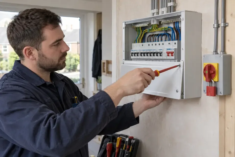 Electrician fitting a replacement consumer unit cover with the adjacent supply isolator locked off.
