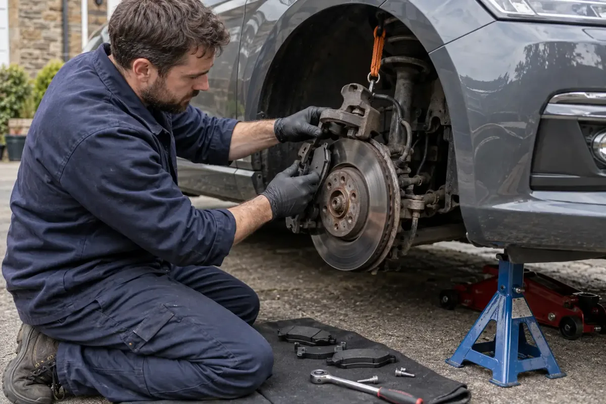 Brake pad replacement with the car safely supported