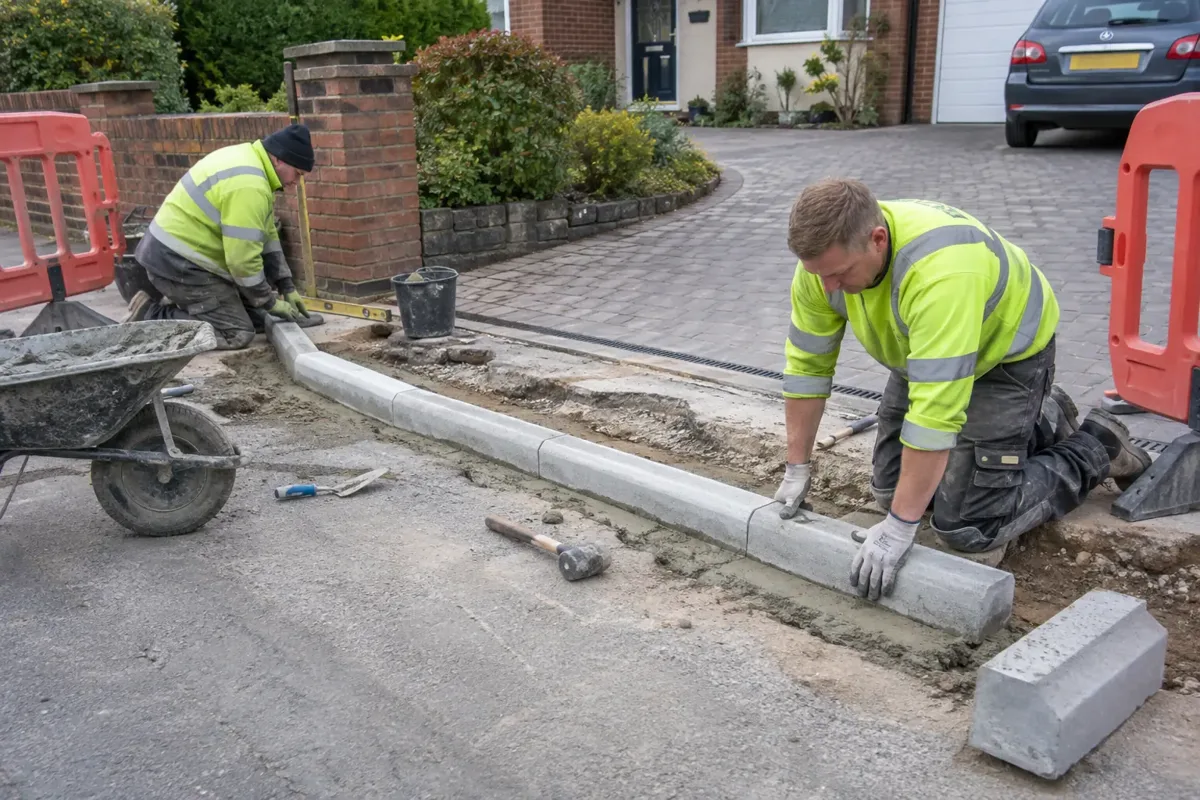 Paving workers installing low concrete kerbstones across the entrance of a residential driveway, lowered access kerb profile and mortar bed clearly visible, pavement work area separated with barriers, gloves and safe tools.
