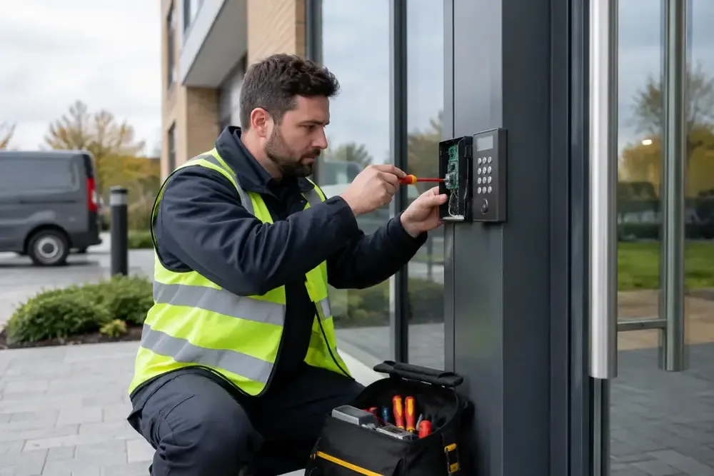 Professional access control specialist working on a modern door entry system