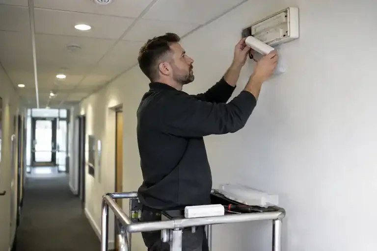 Emergency lighting repairs: a professional electrician assessing or carrying out the electrical work.