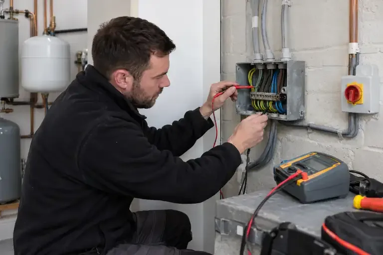 Electrician testing an earth connection inside a metal electrical enclosure.