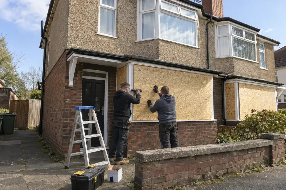 Wide view of a vacant two-storey British semi-detached house with ground-floor windows securely boarded; pair of tradespeople finishing one panel from pavement level, clear afternoon.