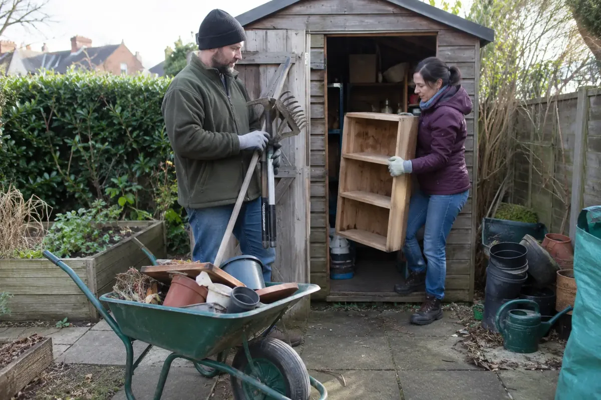 Two workers removing garden tools and a small timber shelving unit from a wooden garden shed, with wheelbarrow and sorted pots.