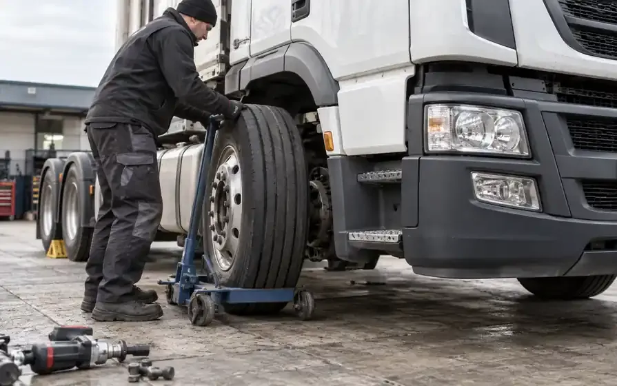 Mechanic fitting a ribbed steer tyre to the front axle of a heavy truck.
