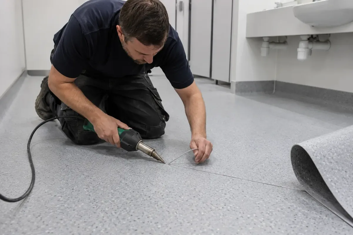 Floor fitter kneeling and hot-welding a straight seam in speckled slip-resistant sheet vinyl in a clean commercial washroom, flooring weld gun and welding rod visible, coved vinyl wall junction and rolled sheet edge nearby.