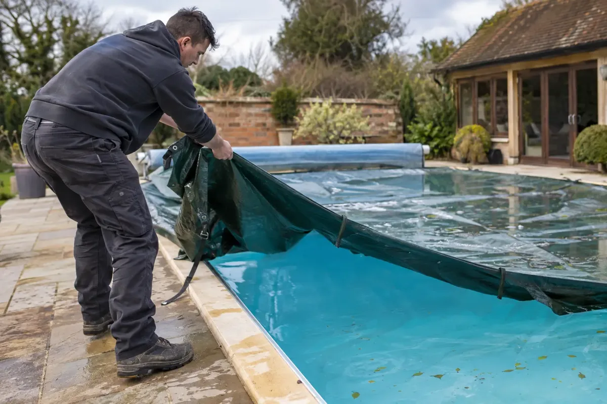 Pool technician removing seasonal cover