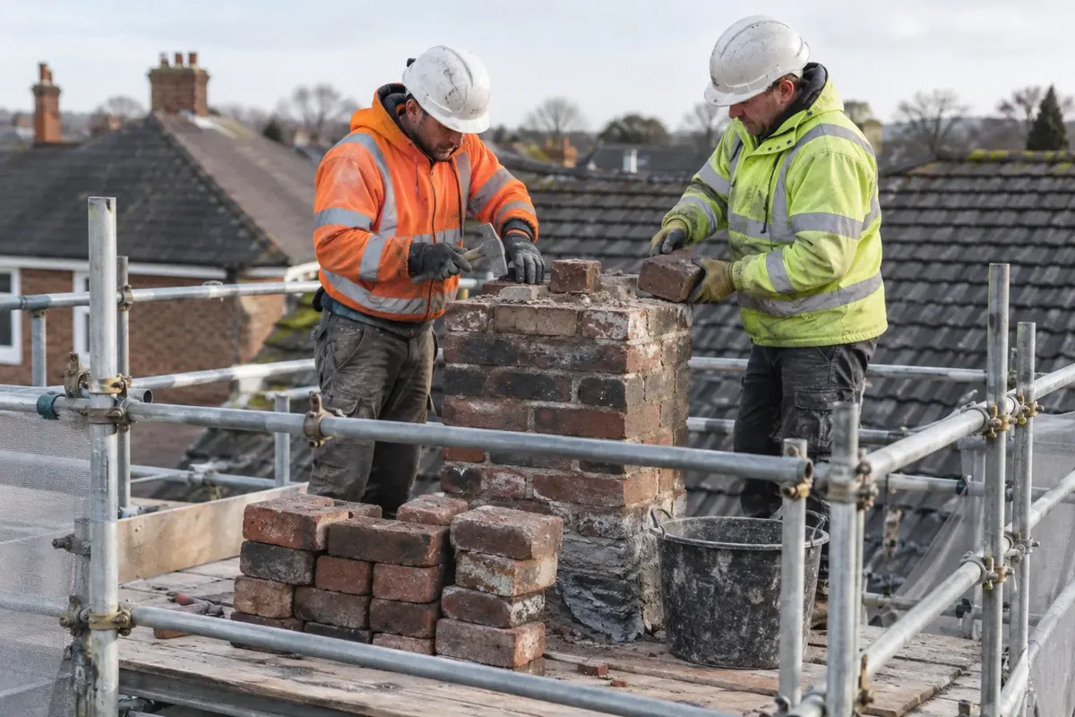 Two workers on fully guarded scaffolding carefully dismantle the top of a brick chimney stack one brick at a time using hand tools. Short remaining stack and neatly stacked removed bricks, hard hats and gloves, UK tiled roof behind, safe platform visible.