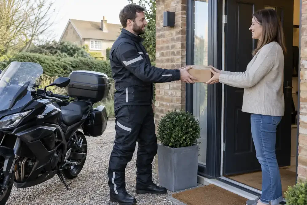 a motorcycle courier preparing or handing over a suitable consignment