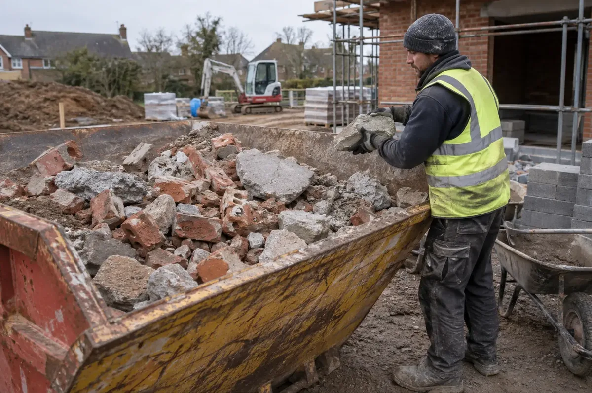 Groundworker adding masonry rubble to a skip containing bricks, stone and broken concrete.