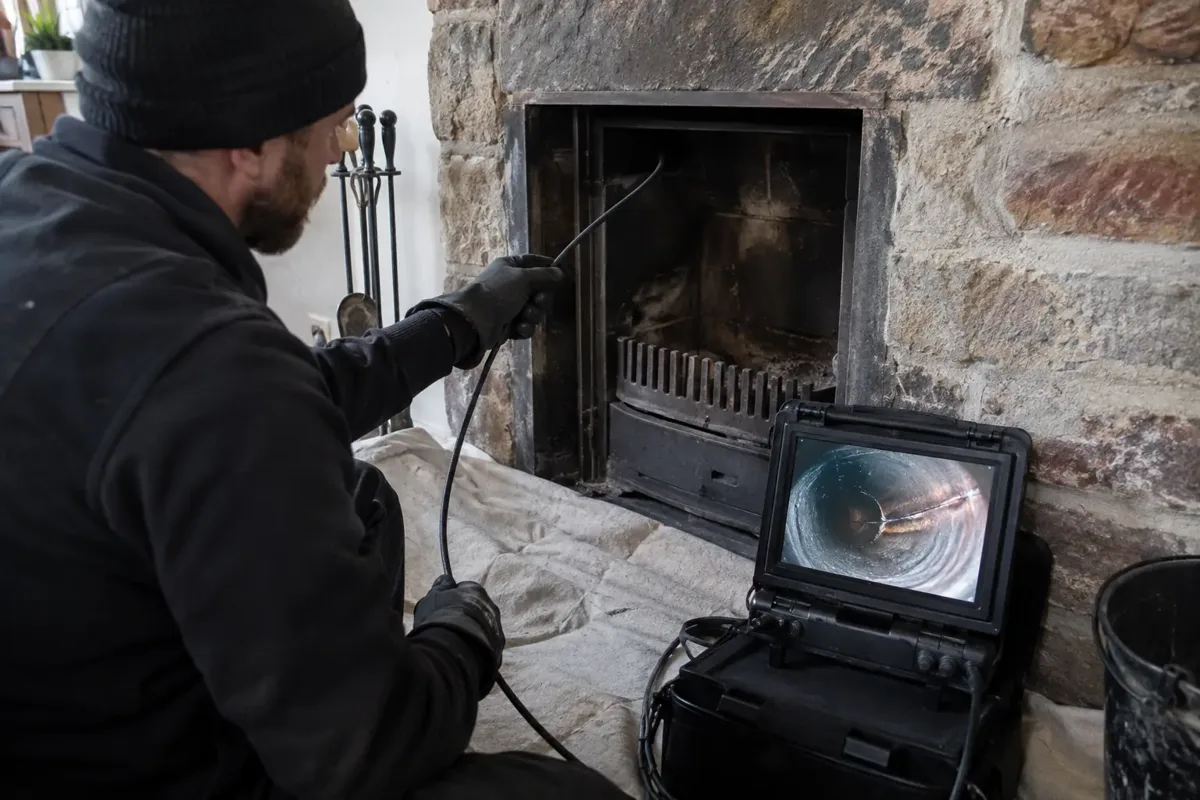 Chimney inspector at a cold fireplace feeds a small inspection camera up the flue and studies a portable monitor showing a soot-darkened metal flue liner with a visibly cracked and heat-discoloured joint. Clear visual camera inspection of liner and possible fire damage, protective sheet on hearth.