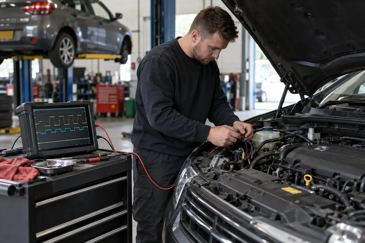 Automotive oscilloscope used for vehicle network fault finding.