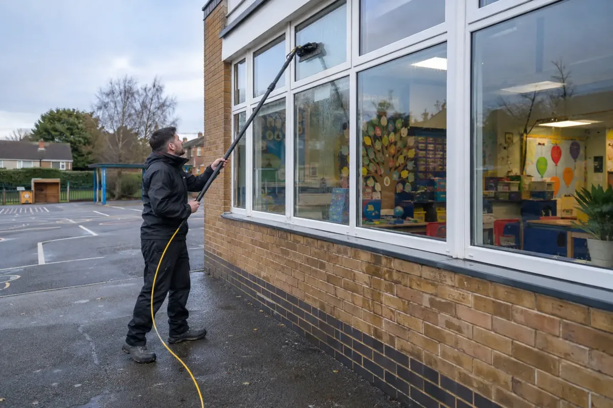 Window cleaner on firm ground using a water-fed pole on low-rise school classroom windows beside an empty playground. Brick school architecture, text-free colourful classroom displays visible inside, no children.