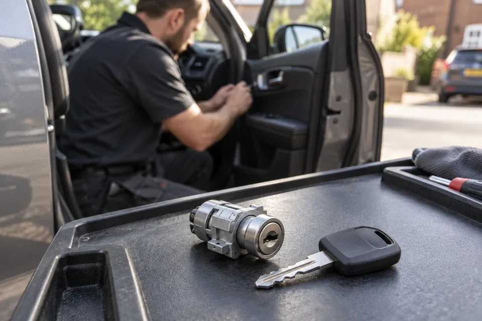 Replacement car door lock cylinder and key beside a vehicle