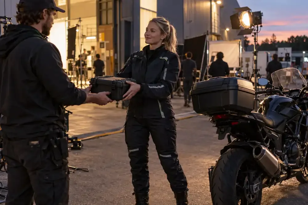 a motorcycle courier preparing or handing over a suitable consignment