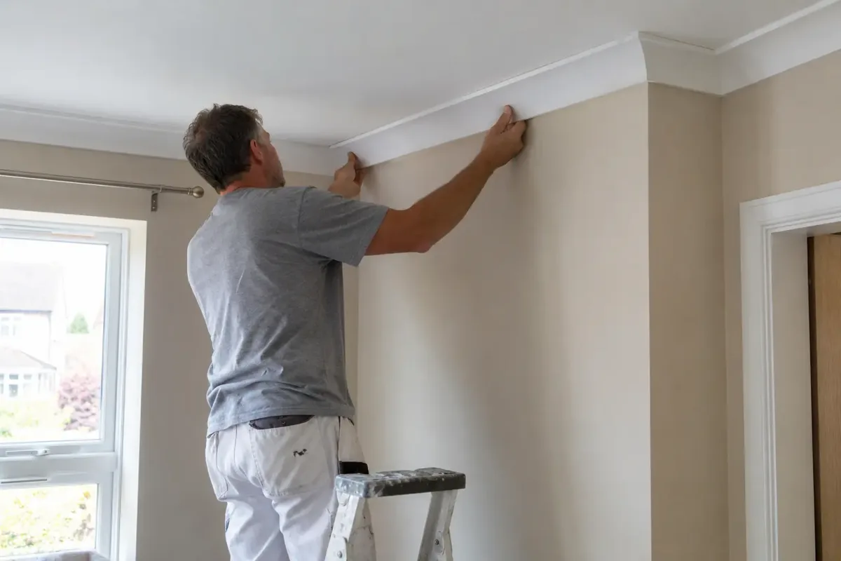 A decorator fitting a new plain curved white coving length into the wall-to-ceiling joint, supporting the profile with both hands as adhesive holds it, neat mitred corner visible, standing on a stable work platform, ordinary room.
