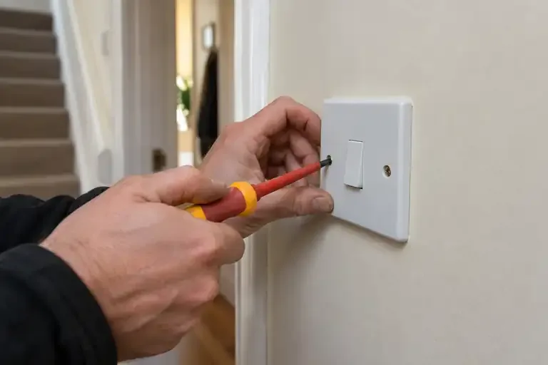 Light switch replacement: a professional electrician assessing or carrying out the electrical work.