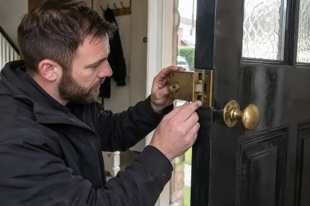 Locksmith inspecting surface mounted night latch cover on open door.